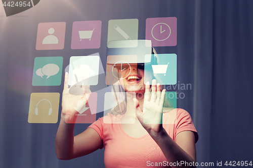 Image of woman in virtual reality headset or 3d glasses