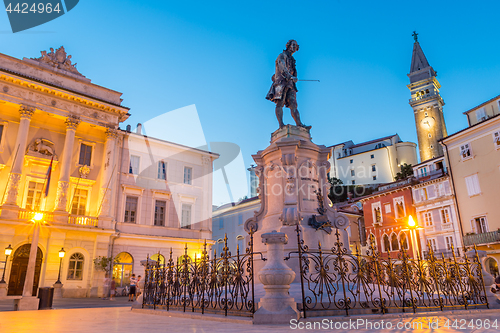 Image of Tartini Square in old tourist costal Mediterranean town of Piran, Slovenia.