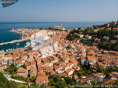 Image of Aerial view of old town Piran, Slovenia, Europe. Summer vacations tourism concept background.