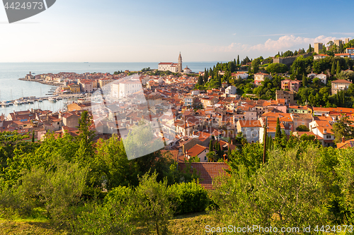 Image of Panoramic view of old town Piran, Slovenia, Europe. Summer vacations tourism concept background.