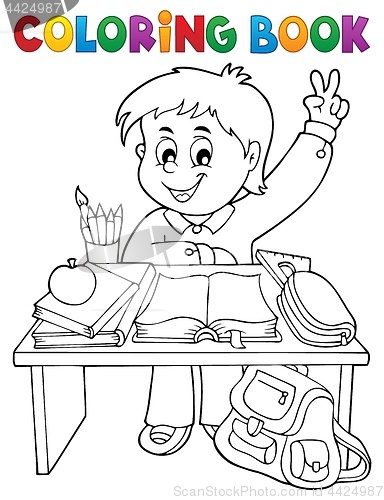 Image of Coloring book boy behind school desk