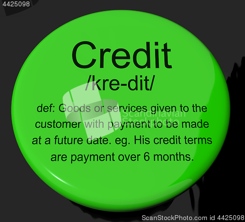 Image of Credit Definition Button Showing Cashless Payment Or Loan