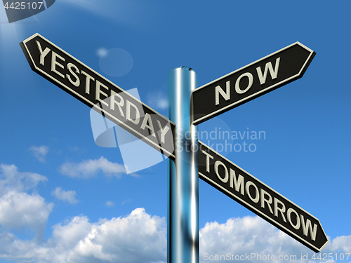 Image of Yesterday Now Tomorrow Signpost Shows Schedule Diary Or Plan