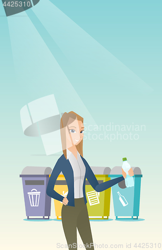 Image of Woman throwing away plastic bottle.