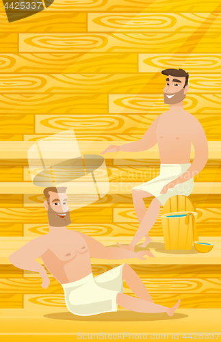 Image of Caucasian men relaxing in sauna.