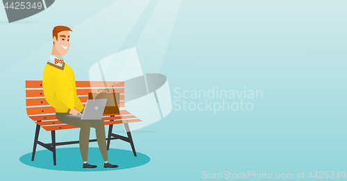 Image of Businessman working on laptop outdoor.