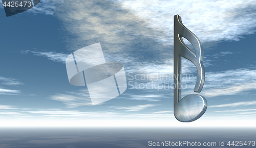 Image of metal music note under cloudy sky