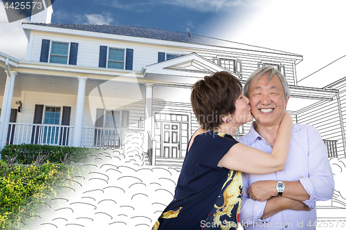 Image of Chinese Senior Adult Couple Kissing In Front Of Custom House Dra