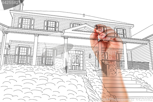 Image of Male Hand Sketching with Pencil the Outline of a Beautiful House