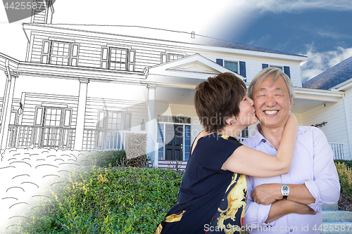 Image of Chinese Senior Adult Couple Kissing In Front Of Custom House Dra