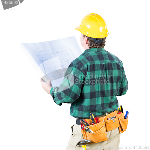 Image of Male Contractor with Hard Hat and Tool Belt Looking Away Isolate