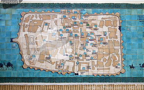 Image of KHIVA, UZBEKISTAN - MAY 01, 2014: The map of Khiva on the ceramic tiles