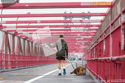 Image of Unrecognizable sporty recreational male jogger with his dog on a leash at Williamsburg bridgein New York CIty, USA