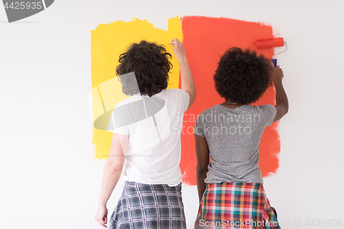 Image of multiethnic couple painting interior wall