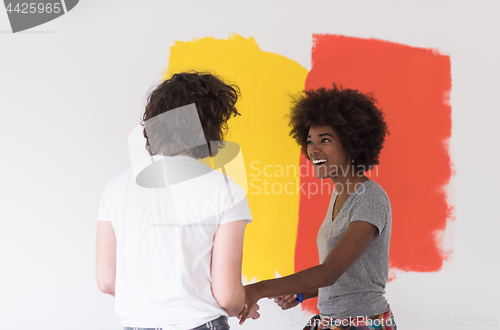 Image of multiethnic couple painting interior wall