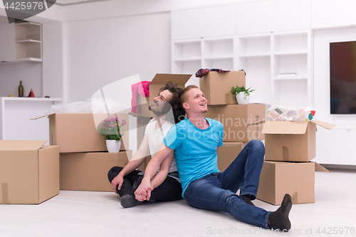 Image of young  gay couple moving  in new house