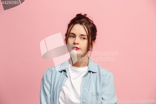 Image of Beautiful bored woman bored isolated on pink background