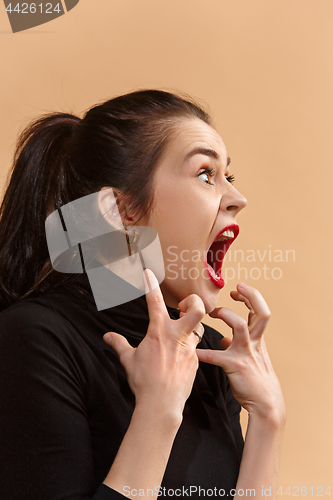 Image of The young emotional angry woman screaming on pastel studio background