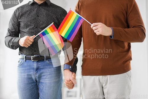 Image of male couple with gay pride flags holding hands