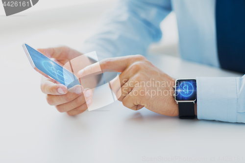 Image of close up of bitcoin on smartphone and smart watch