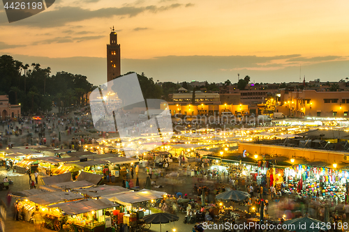 Image of Jamaa el Fna market square in sunset, Marrakesh, Morocco, north Africa.