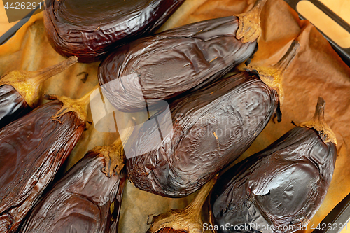 Image of Roasted eggplants in oven tray