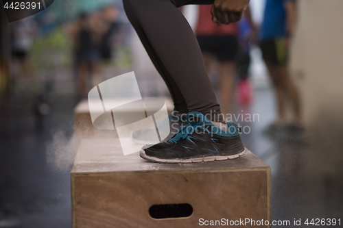 Image of black woman is performing box jumps at gym