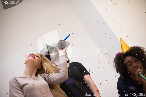 Image of confetti party multiethnic group of people