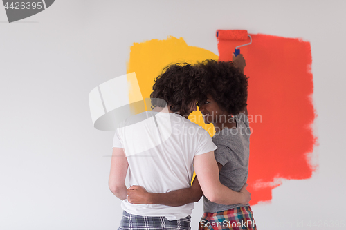 Image of multiethnic couple painting interior wall