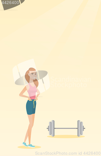 Image of Woman measuring waist vector illustration.