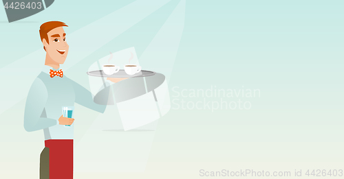 Image of Waiter holding tray with cups of coffeee or tea.