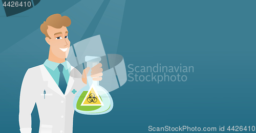 Image of Scientist holding flask with biohazard sign.