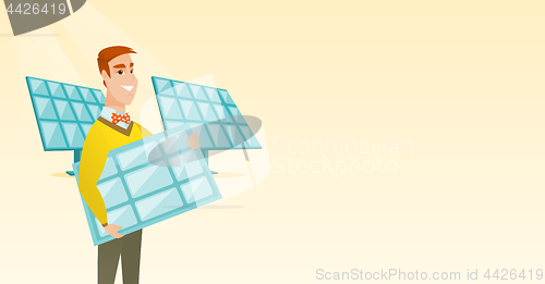 Image of Man holding solar panel vector illustration.