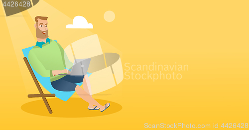 Image of Businessman working on laptop on the beach.