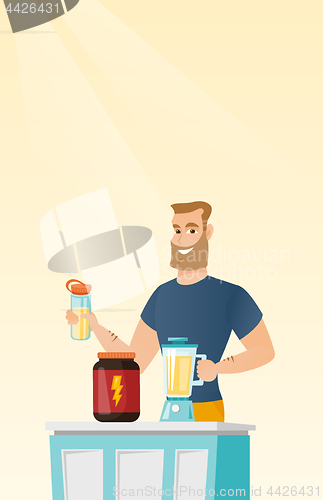 Image of Young man making protein cocktail.