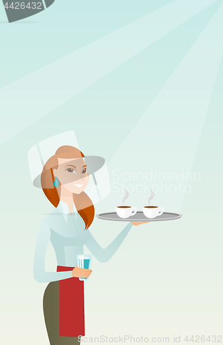 Image of Waitress holding tray with cups of coffeee or tea.