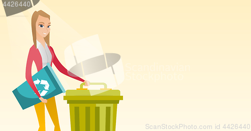 Image of Woman with recycle bin and trash can.