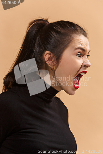 Image of The young emotional angry woman screaming on pastel studio background