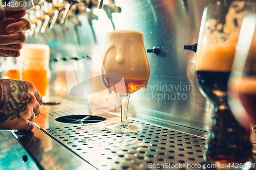 Image of Hand of bartender pouring a large lager beer in tap.