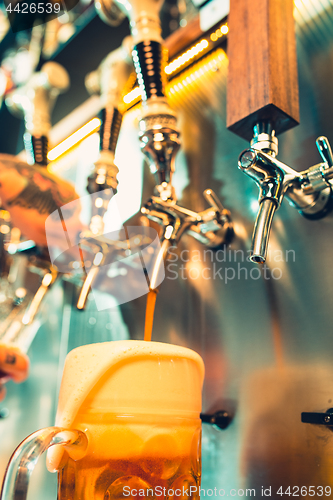 Image of Glass of beer with barrel, bottle and fresh hops still-life