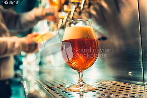 Image of Hand of bartender pouring a large lager beer in tap.