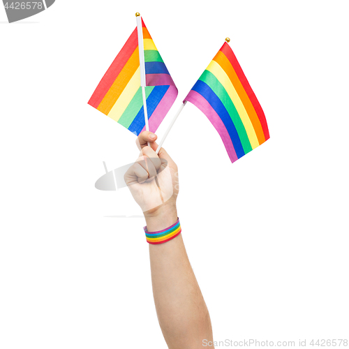 Image of hand with gay pride rainbow flags and wristband