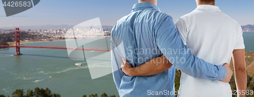 Image of close up of gay couple over golden gate bridge