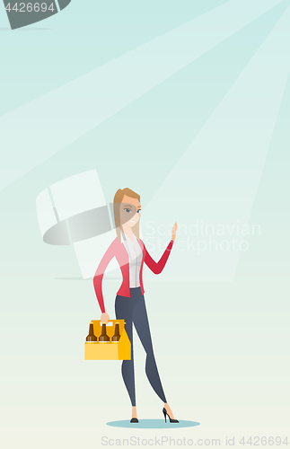 Image of Woman with pack of beer vector illustration.