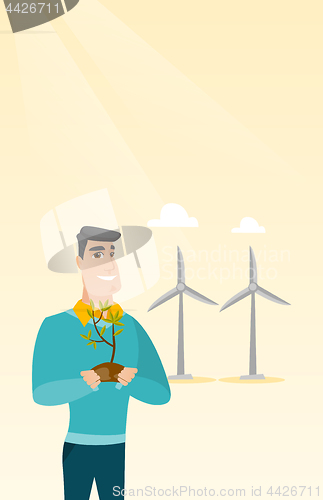 Image of Man holding small plant vector illustration.