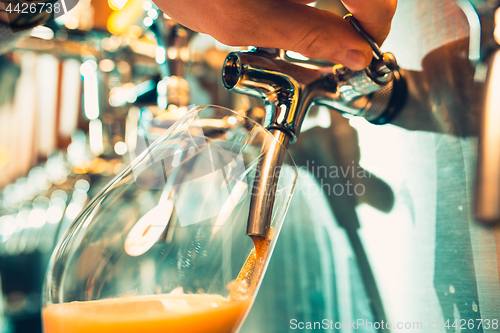 Image of Hand of bartender pouring a large lager beer in tap.