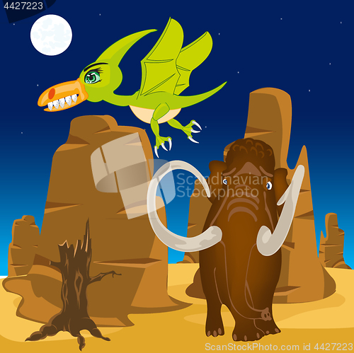 Image of Vector illustration prehistorical animal on nature.Dinosaur and pterodactyl