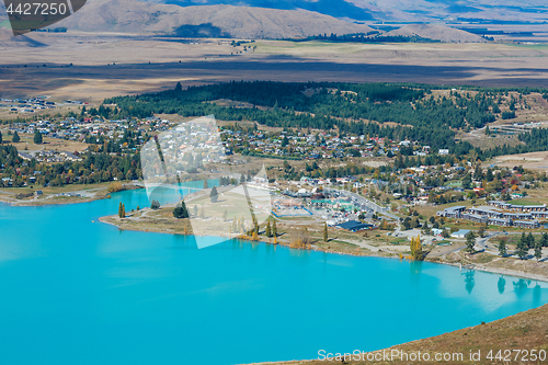 Image of Aerial view of Lake Tekapo from Mount John Observatory in Canter