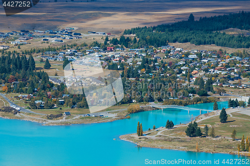 Image of Aerial view of Lake Tekapo from Mount John Observatory in Canter