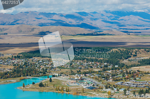 Image of Aerial view of Lake Tekapo from Mount John Observatory in Canter